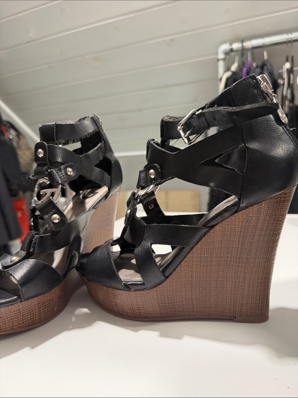 Guess Black Leather Strappy Wedge Sandals with Wood-Effect Platform
